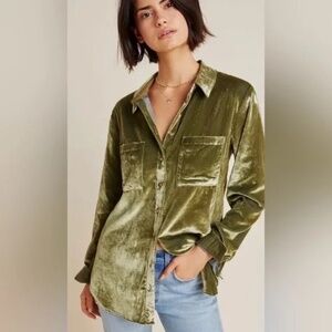 Anthropologie Maeve Karina Crushed Velvet Button Down Shirt Top Olive Green Sz 6